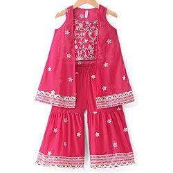 Babyhug Rayon Woven Sleeveless Top With Bow Applique & Polka Dot Print- Pink