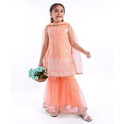 Babyhug Woven Sleeveless Kurti & Sharara Set with Dupatta with Floral Embroidery Detailing - Peach