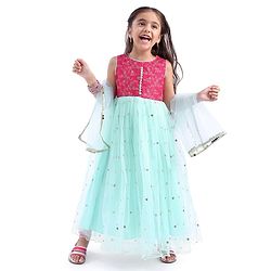 Babyhug Woven Sleeveless Net Embroidered Ethnic Dress - Aqua Blue
