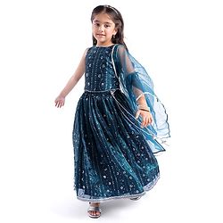 Babyhug Sleeveless Floral Sequins & Embroidery Lehenga Choli with Dupatta Set - Teal Blue
