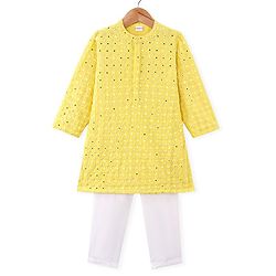 Babyhug Woven Full Sleeves Mirrior Embroide Kurta Payjama Set - Yellow