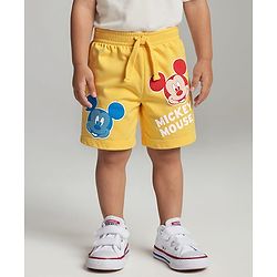 Babyhug Disney Cotton Knit Shorts with Mickey Mouse Graphics - Yellow