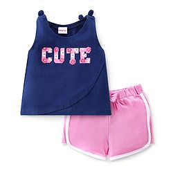 Babyhug Cotton Knit Sleeveless Top & Shorts Set with Floral Text Print - Navy Blue & Pink