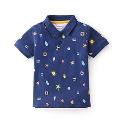 Babyhug Cotton Knit Half Sleeves Beach Theme Printed Polo T-Shirt - Navy Blue