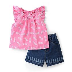Babyhug 100% Cotton Knit Sleeveless Top & Denim Shorts With Pineapple Print - Pink & Blue