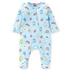 Babyhug Cotton Knit Full Sleeves Footed Sleep Suit With Food Theme Print - Blue