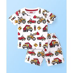 Babyhug Single Jersey Knit Half Sleeves Night Suit With JCB Print - White