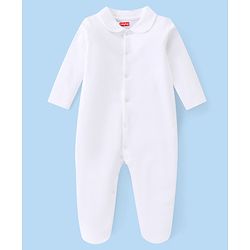 Babyhug Interlock Full Sleeves Front Open Solid Sleepsuit with Peter Pan Collar - White