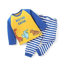 Babyhug Single Jersey Knit Full Sleeves Night Suit Animal Print - Yellow & Blue