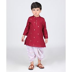 Babyhug Cotton Woven Full Sleeves Gold Foil Printed Kurta & Striped Dhoti Set - Red