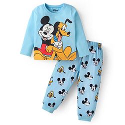 Babyhug Disney Single Jersey Cotton Knit Full Sleeves Mickey Mouse Print Night Suit - Sky Blue