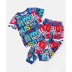 Babyhug Cotton Single Jersey Knit Half Sleeves Night Suit Text Print - Blue