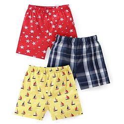 Babyhug Cotton Woven Regular Boxers Stars & Boats Print Pack of 3 - Blue Yellow & Red