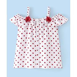 Babyhug Rayon Woven Cold Shoulder Sleeves Top with Floral Applique & Polka Dot Print- White