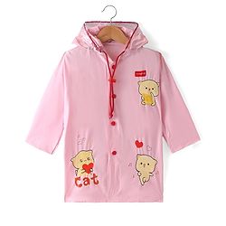 Babyhug Full Sleeves Below Knee Length Hooded Raincoat Cat Print - Pink