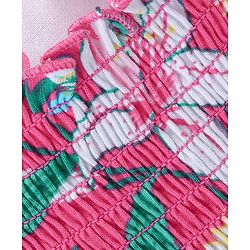 Babyhug Cotton Knit Floral Printed Dungree Style Jumpsuit with Half Sleeves Inner Tee - Pink & White
