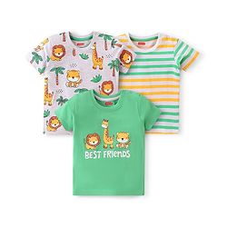 Babyhug 100% Cotton Knit Half Sleeves T-Shirts With Wild Animals Graphics Pack Of 3 - Green & Grey