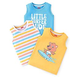 Babyhug 100% Cotton Knit Sleeveless T-Shirts with Stripe & Bear Graphics Pack of 3 - Multicolor
