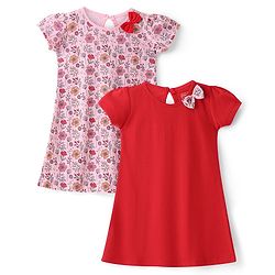 Babyhug Half Sleeves Frocks with Bow Floral Print Pack of 2 - Red & Pink