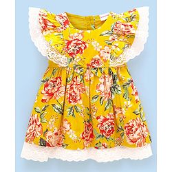 Babyhug 100% Viscose Woven Half Sleeves Frock with Floral Print - Yellow