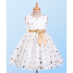 Babyhug Sleeveless Party Dress With Foil Print & Bow Detailing - White