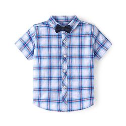 Babyhug 100% Cotton Woven Half Sleeves Regular Collar Checked Shirt with Bow - Blue