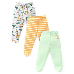 Babyhug Interlock Cotton Knit Footed Bootie Leggings Striped Giraffe & Lion Print Pack of 3 - Blue White & Orange