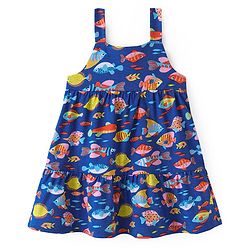 Babyhug Single Jersey Knit Sleeveless Frock with Fish Print - Navy Blue