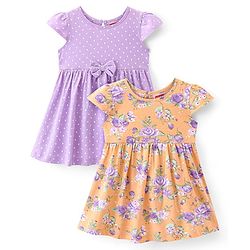 Babyhug Cotton Knit Half Sleeves Frock with Polka Dot Print Pack of 2 - Multicolor