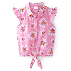 Babyhug Rayon Woven Frill Sleeves Top With Knot & Floral Print - Pink