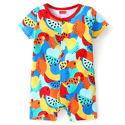 Babyhug 100% Cotton Knit Half Sleeves Romper Orange Print - Multicolor