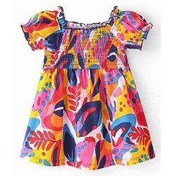 Babyhug Single Jersey Knit Half Sleeves Frock Leafy Print - Multicolor