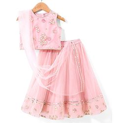 Babyhug Sleeveless Floral Embroidered Choli with Brocade Lehenga and Dupatta Set- Pink