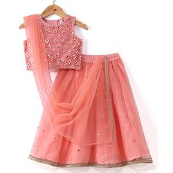 Babyhug Woven Sleeveless Embroidered Choli With Brocade Lehenga and Dupatta Set - Peach
