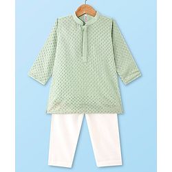Babyhug Full Sleeves Kurta Payjama Set with Sequined & Embroidery Detailing - Green