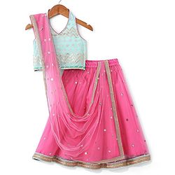Babyhug Sleeveless Foil Printed Choli & Embroidered Lehenga Set with Dupatta - Pink & Blue