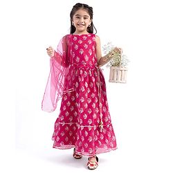 Babyhug Woven Sleeveless Foil Printed Lehenga Choli With Dupatta Set Floral Print - Fuchsia