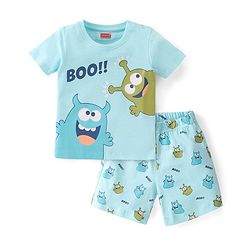 Babyhug Cotton Knit Half Sleeves Printed Night Suit - Blue