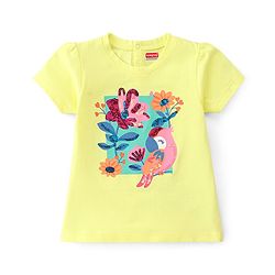 Babyhug 100% Cotton Knit Half Sleeves Top with Floral & Bird Graphics - Yellow