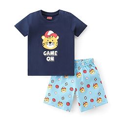 Babyhug Cotton Knit Single Jersey Half Sleeves Night Suit With Tiger & Text Print - Navy Blue