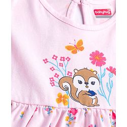 Babyhug Single Jersey Knit Half Sleeves Frock & Bloomer With Squirrel & Floral Print - Pink