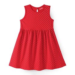 Babyhug Cotton Knit Sleeveless Frock with Polka Dots Print - Red