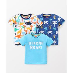 Babyhug Cotton Knit Half Sleeves T-Shirts Dino & Text Graphics Pack of 3 - Multicolour