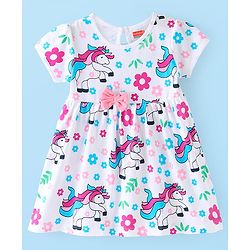 Babyhug Sing le Jersey Knit Half Sleeves Frock with Unicorn Print - White