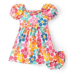 Babyhug 100% Cotton Single Jersey Knit Half Sleeves Frock With Bloomer Floral Print - Multicolor