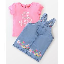 Babyhug Denim Floral Embroidery Frock with Half Sleeves T-Shirt - Pink & Blue