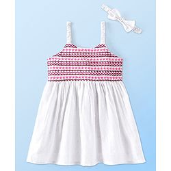 Babyhug 100% Cotton Woven Sleeveless Embroiderd Frock With Headband- White