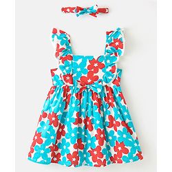 Babyhug 100% Cotton Woven Frill Sleeves Floral Print Frock With Headband - Red