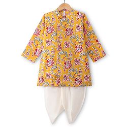 Babyhug Cotton Woven Full Sleeves Kurta & Dhoti Set With Summer Print & Potli Buttons - Yellow & White