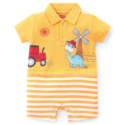 Babyhug 100% Cotton Knit Half Sleeves Romper With Striped Print - Yellow